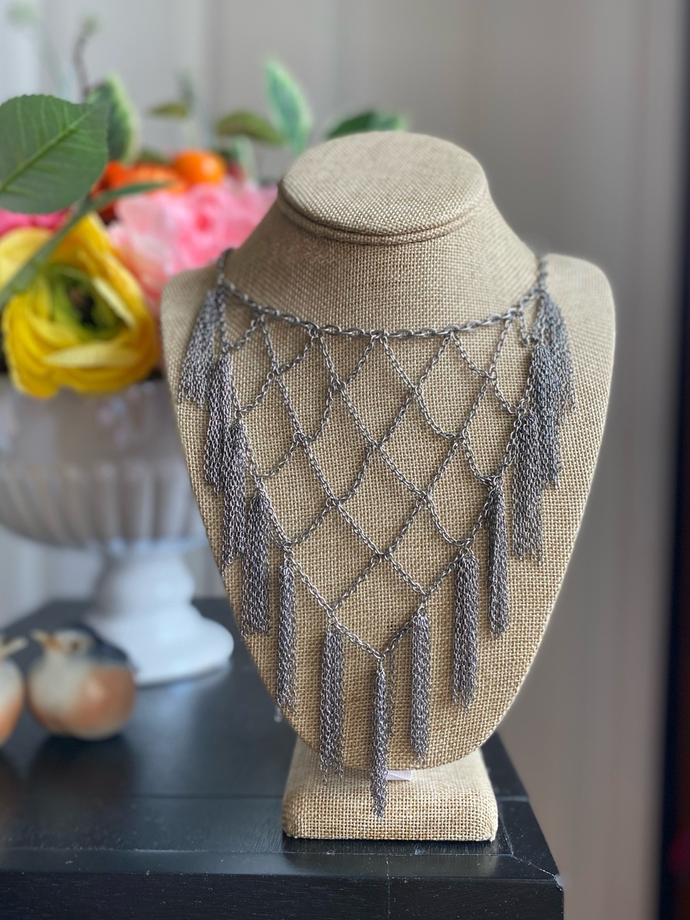 Banana Republic Fringe Bib Statement Necklace -Silver Tone